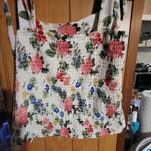Old Navy White Floral Smocked Tote with Pink, Blue & Green Accents